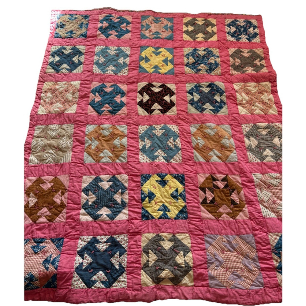 Pink Floral Temperance / "T's" Homemade Friendship Quilt 75” X 60” Vintage